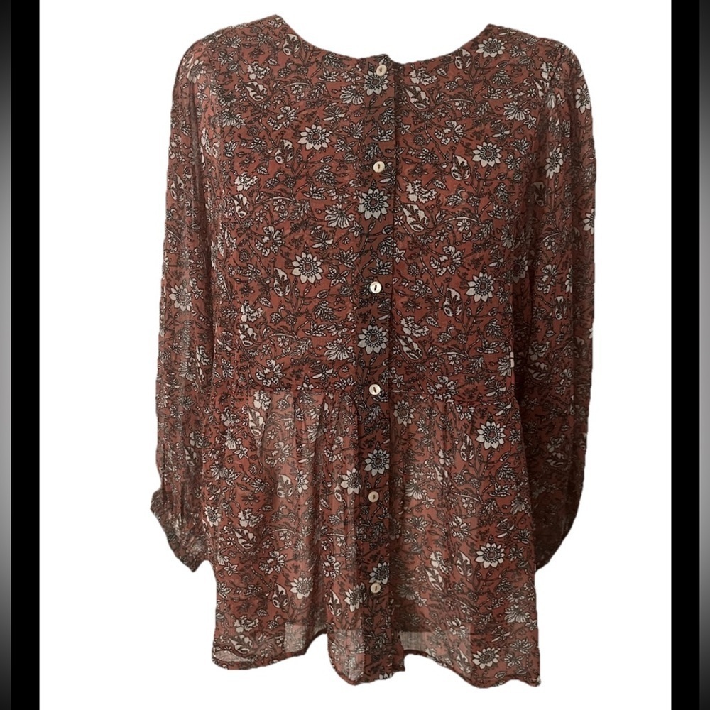 Lucky Brand Babydoll Brown Floral Button Down Blouse Fall Tones Size Large